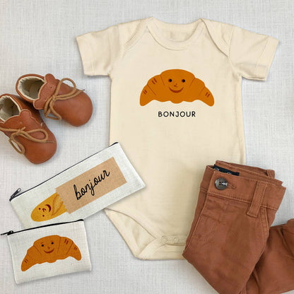 Bonjour Croissant with Cute Face Baby Bodysuit