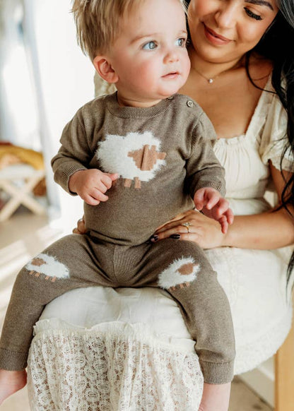 Sheep Jacquard Knit Baby Pullover & Pant SET Organic Cotton: Cocoa Heather / 12-18M