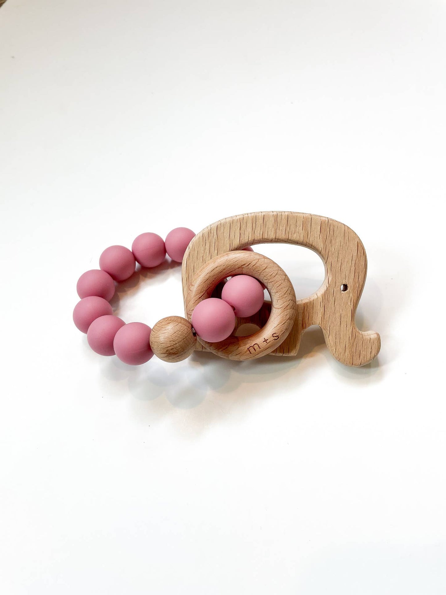 Elephant Teether- Silicone and Beech Wood: Peach