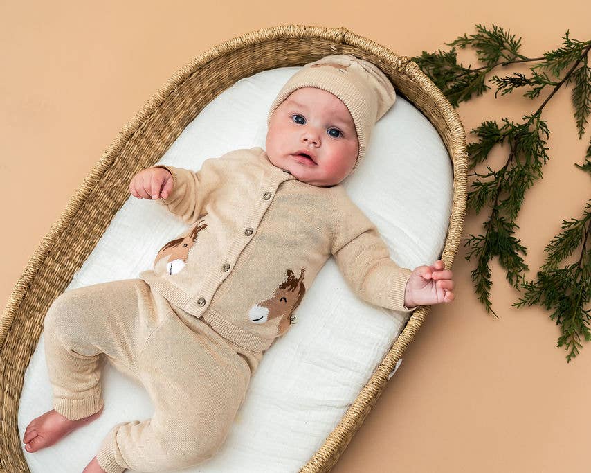 Horse Jacquard Sweater Knit Baby Cardigan (Organic Cotton): Oatmeal Heather / 6-12M