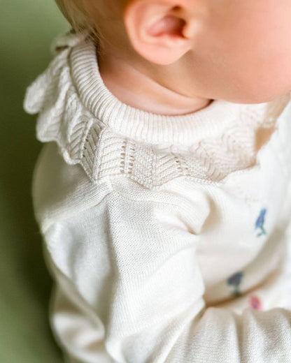 Emma Floral Embroidered Knit Baby Ruffle Dress (Organic): Natural / 12-18M