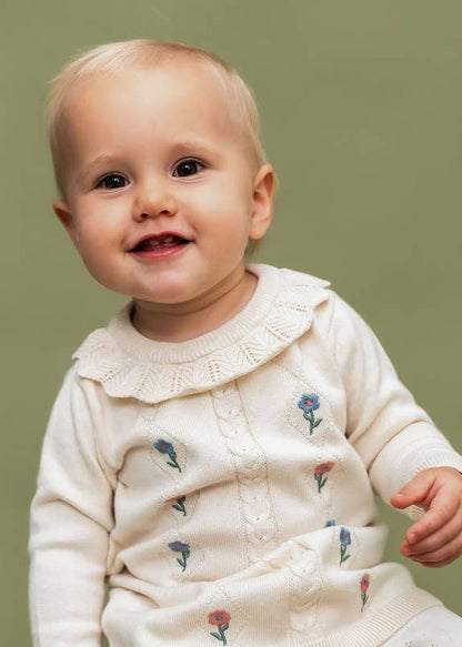 Emma Floral Embroidered Knit Baby Ruffle Dress (Organic): Natural / 12-18M