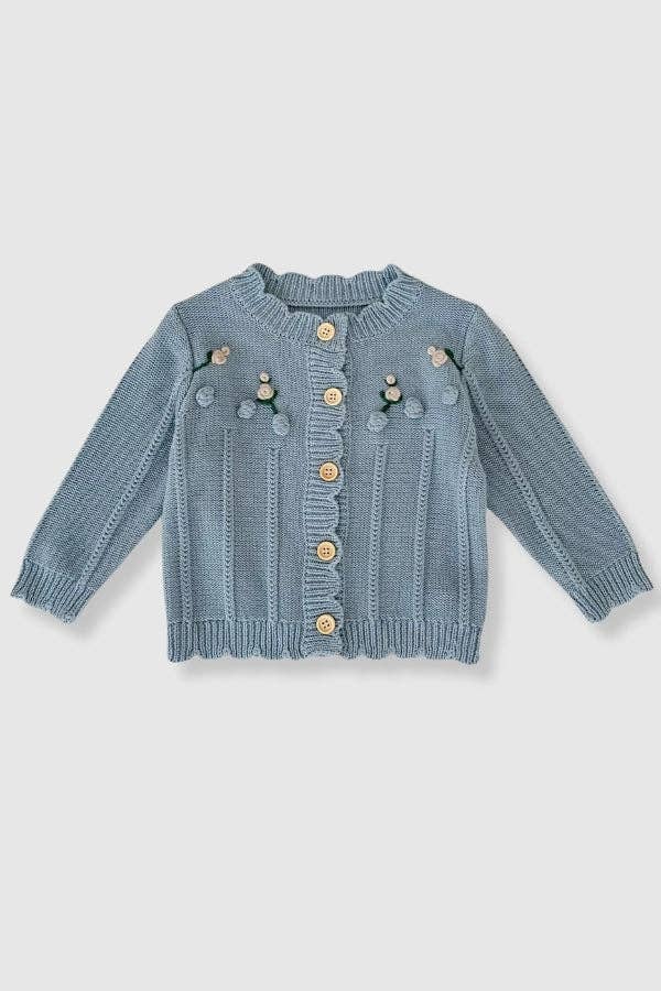 100% Cotton Knit Sweater Cardigan with Floral Embroidery - Blue: 18-24M