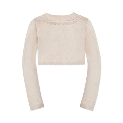 Organic Cropped Special Cardigan: Light Oatmeal Scallop / X-Small