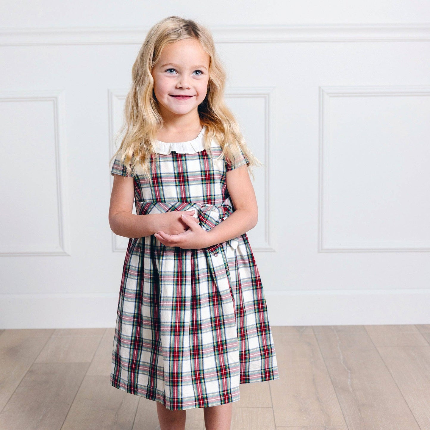Ruffle Collar Organic Party Dress - Baby: Ivory Holiday Tartan / 18-24 Months