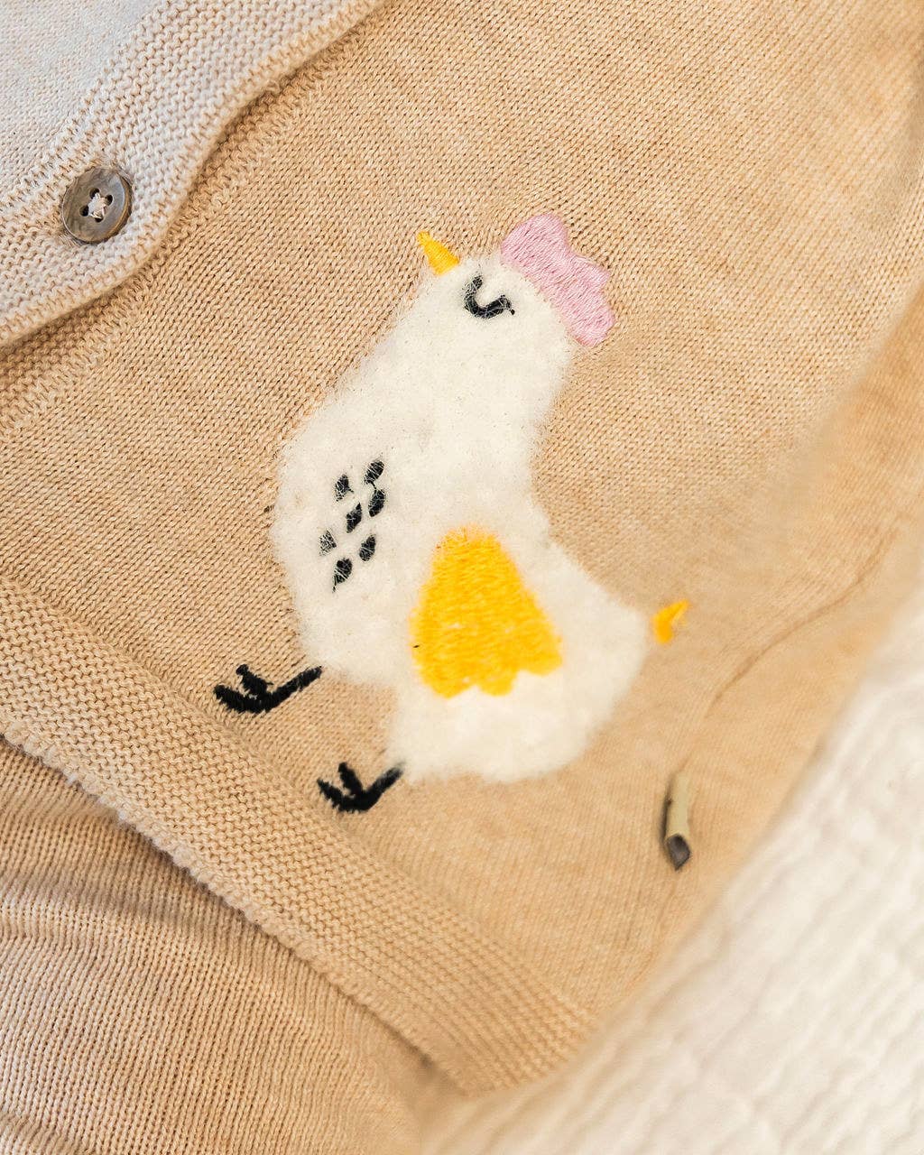 Chicken Little Embroidered Sweater Baby Cardigan (Organic): Oat Heather / 18-24M