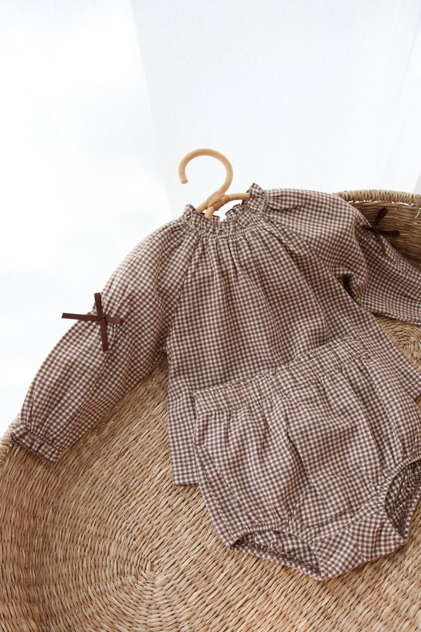Brown/Gingham Bow Sleeve Blouse & Bloomer Set: 18-24m