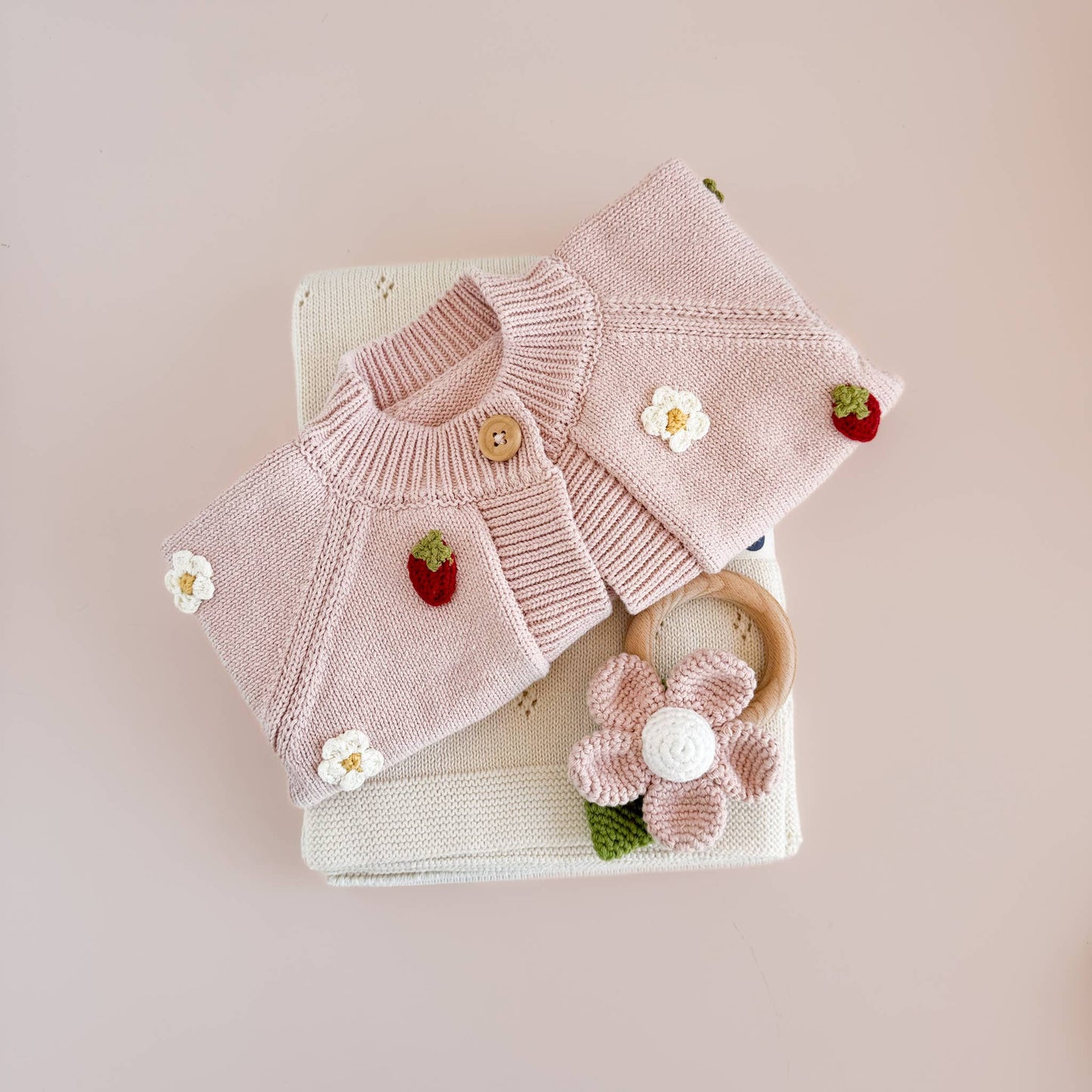 Cotton Strawberry Flower Cardigan, Blush Baby Sweater Summer: 6-12m