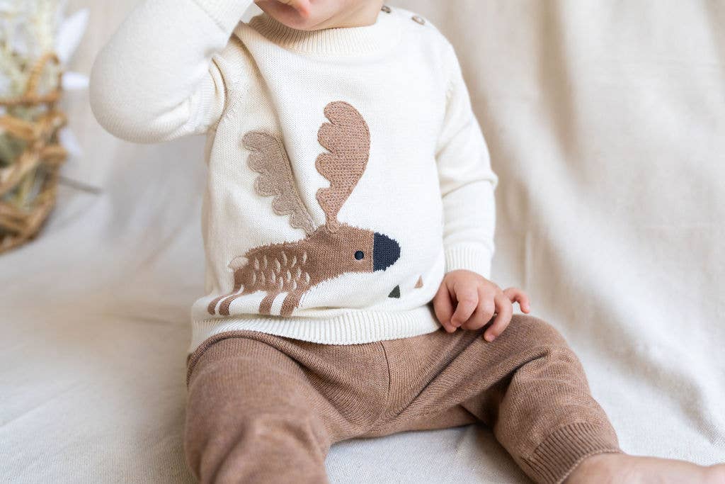 Moose Jacquard Knit Baby Pullover Sweater (Organic Cotton): Natural / 6-12M