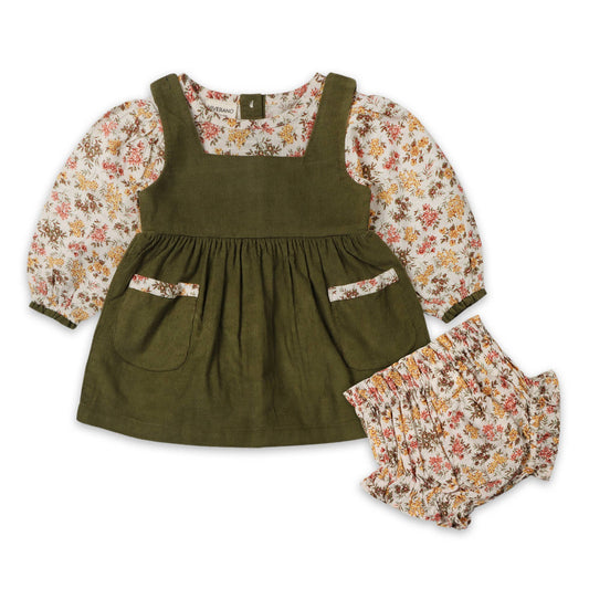 Lilith Floral Baby Pinafore Dress & Bloomer (Organic Cotton): Multi-Floral/Green / 3-6M