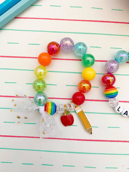 Back to School Pencil and Apple Kids Beaded Charm Bracelet