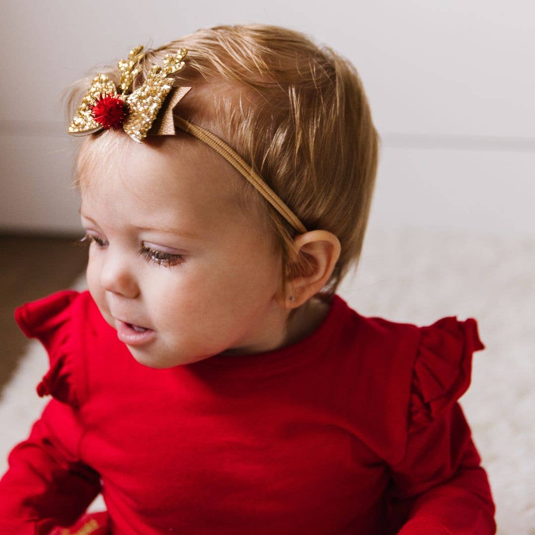 Gold Reindeer Christmas Bow Baby Headband - Holiday Hair