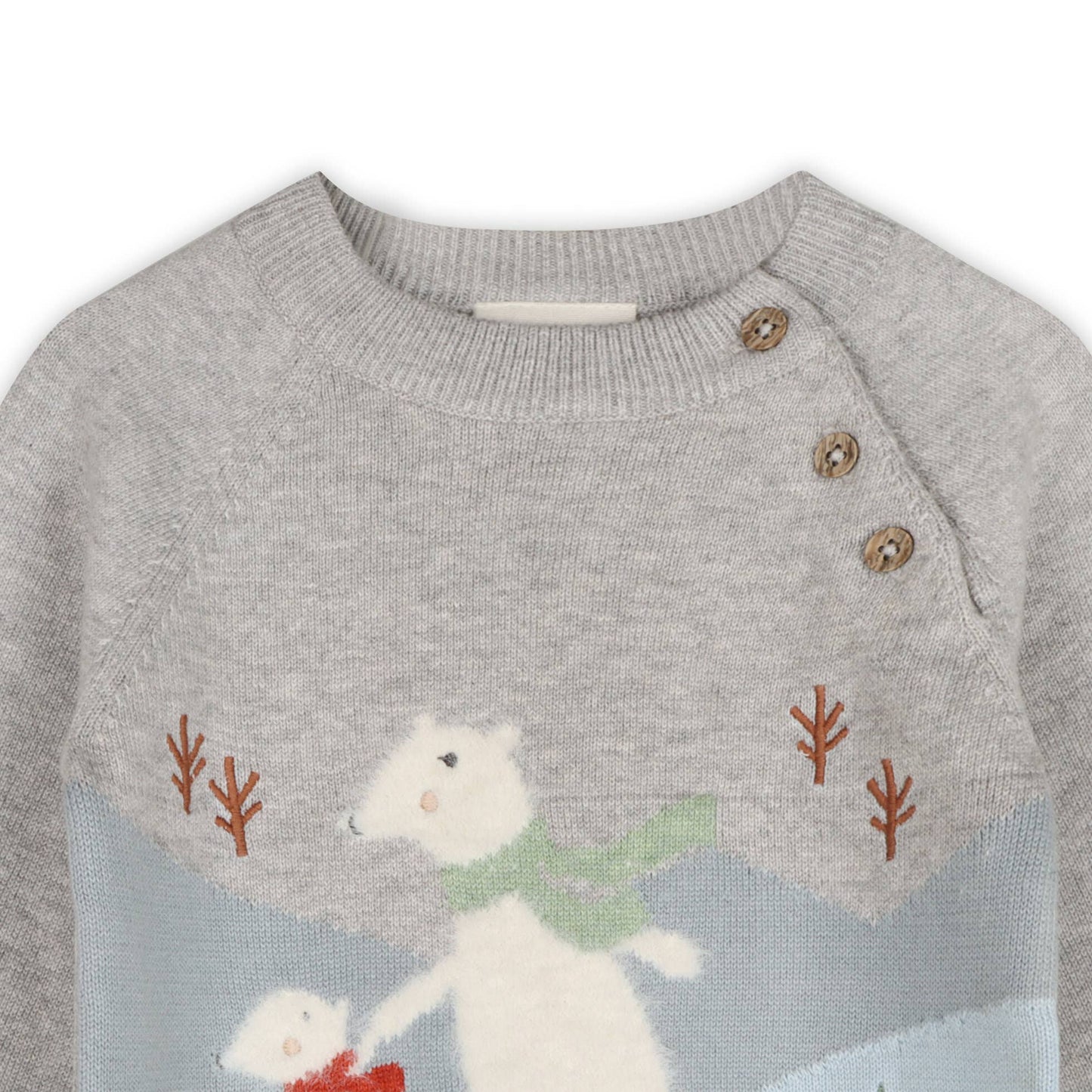 Skating Polar Bear Jacquard Knit Baby Raglan Pullover: Heather Grey / 12-18M