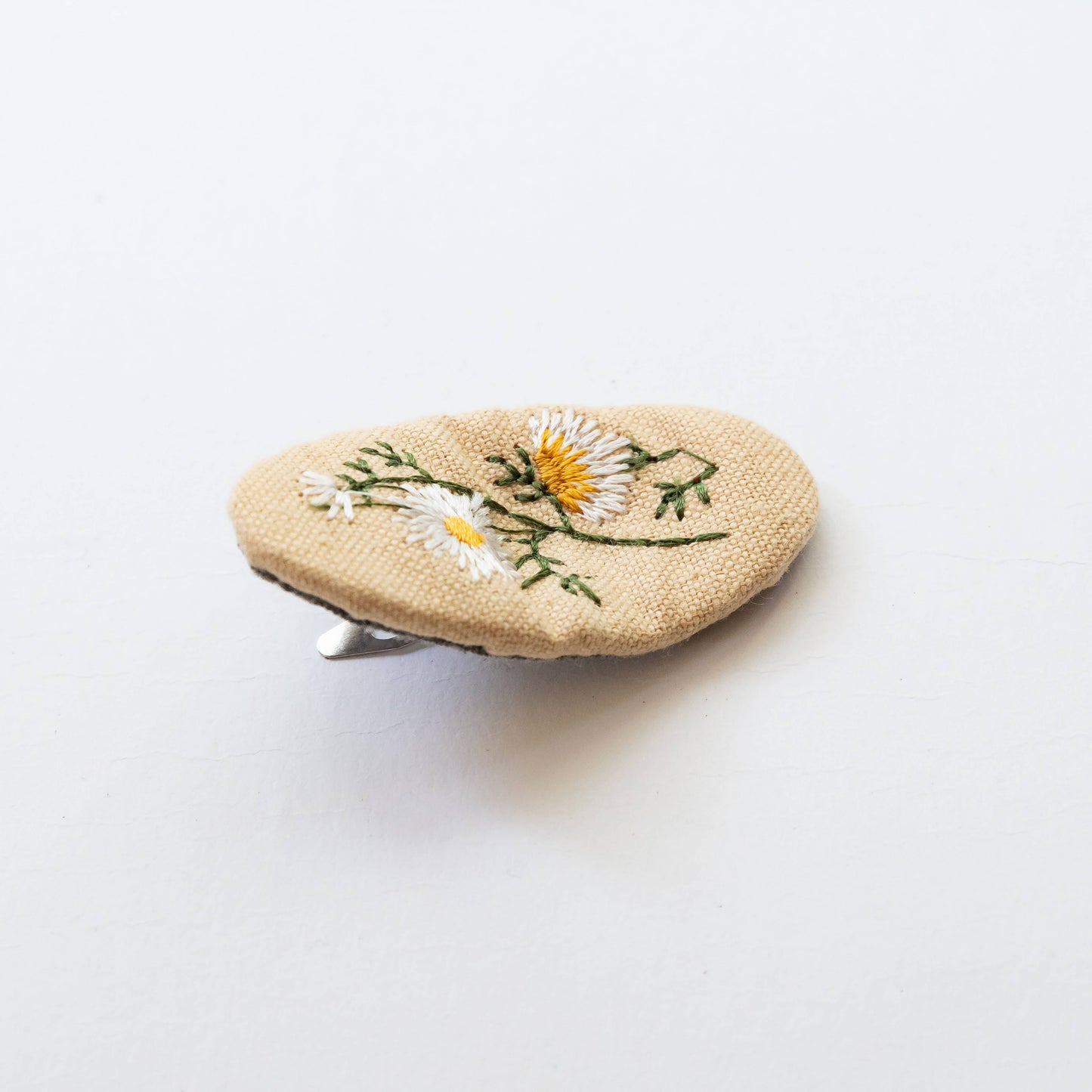 Oval Embroidered Floral Snap Hair Clips | Light Pink & Beige
