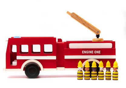 Large Wooden Fire Truck Toy – 20” Ladder Engine with 6 Firefighters