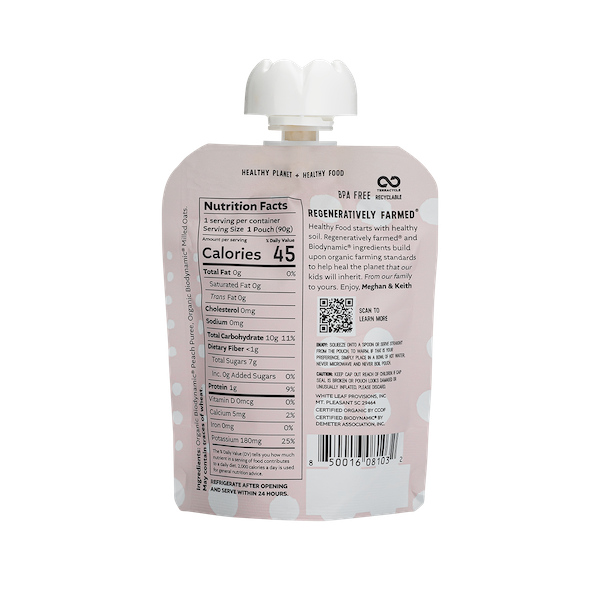 Organic Regenerative Peach+Oat Puree: 24 (90g) pouches