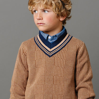 Organic Intarsia Cricket Sweater - Baby: Brown Glen Plaid Intarsia