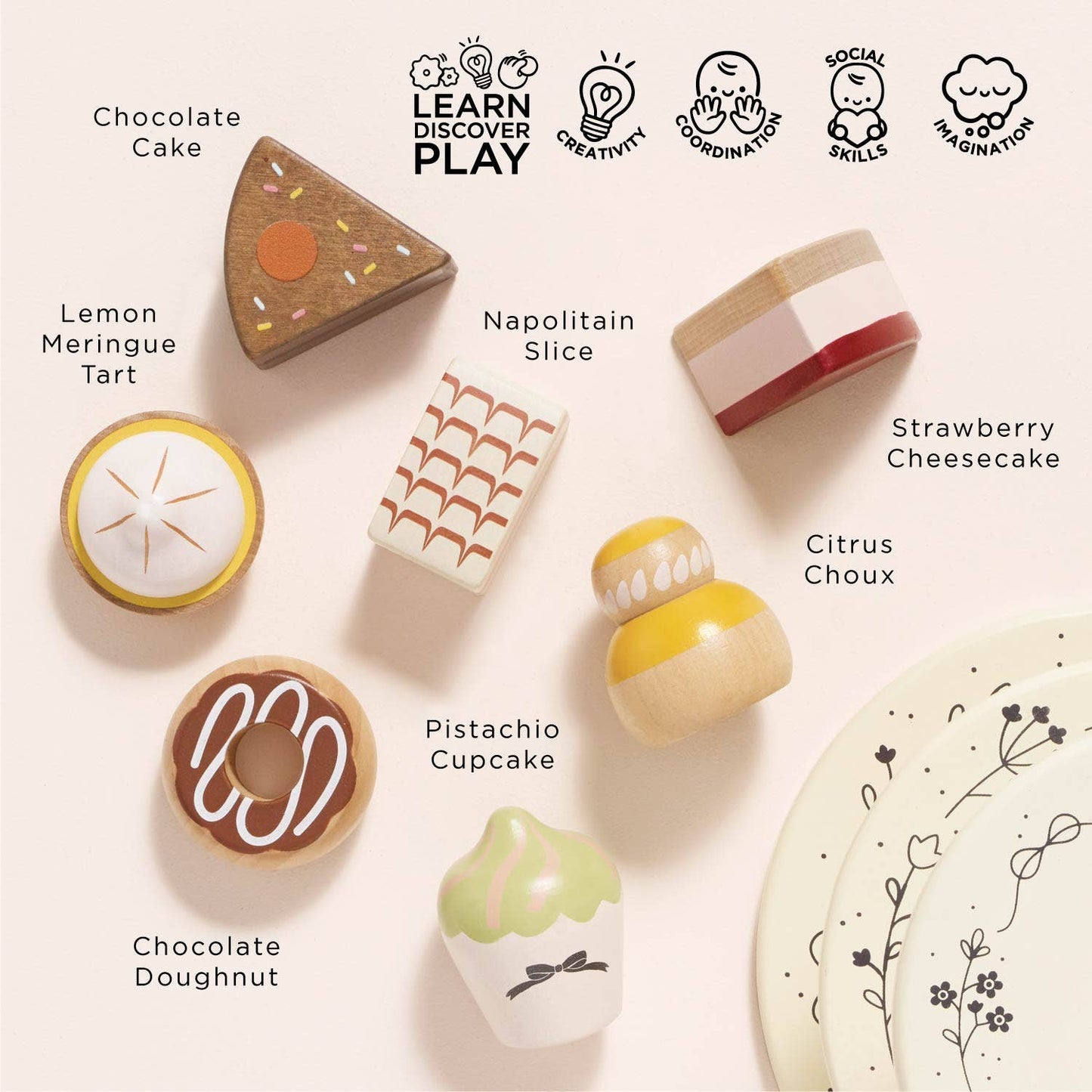 Wooden Toy Cake Stand & Selection of 7 Eco-Friendly Treats