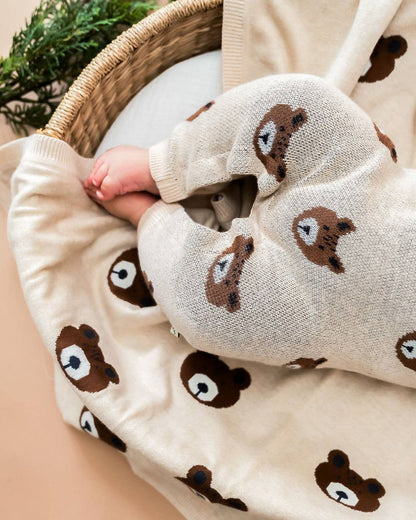 Brown Bear - Organic Cotton Jacquard Knit Baby Blanket: Oatmeal Heather / One Size