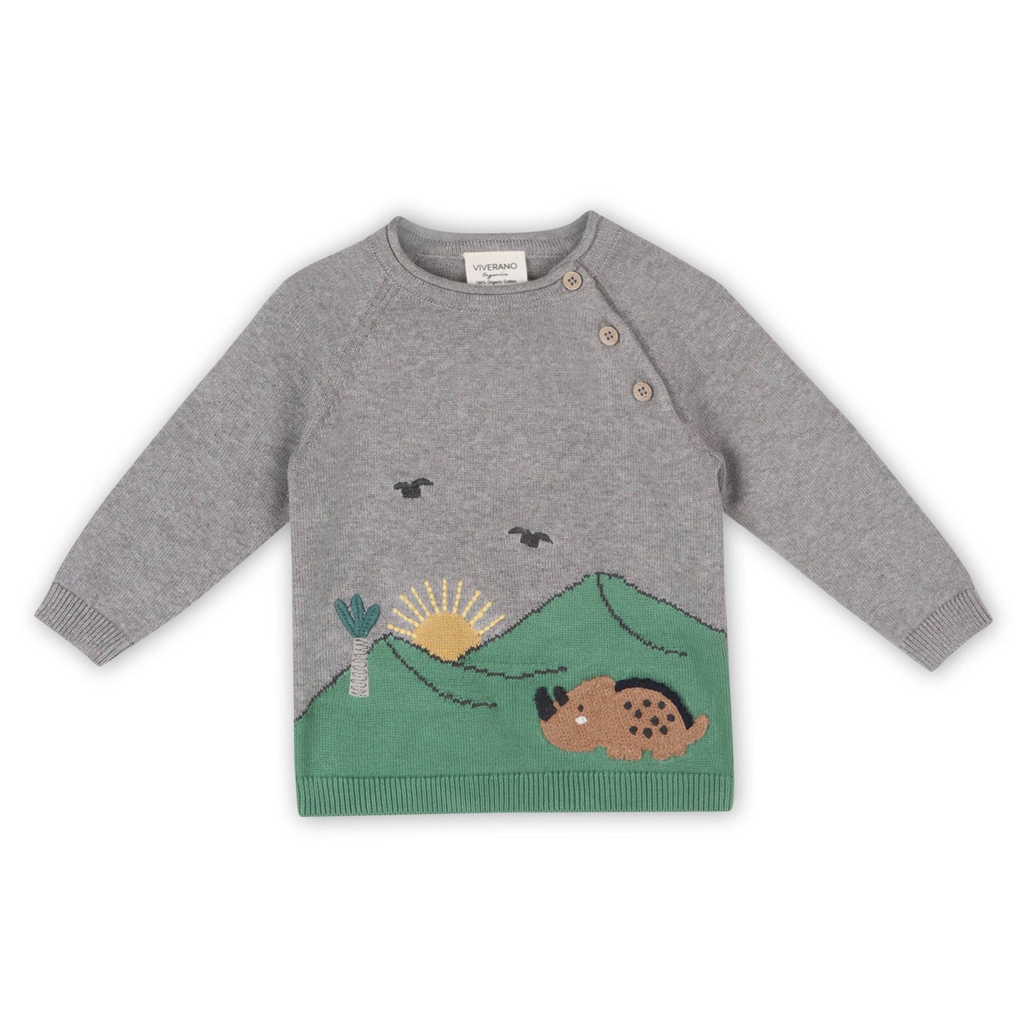 Dinosaur Jacquard Knit Raglan Baby Sweater (Organic Cotton): Heather Grey / 6-12M