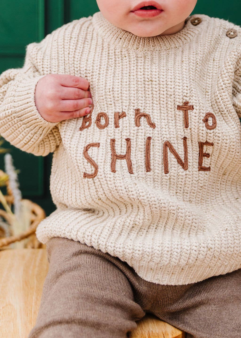 BORN TO SHINE Chunky Knit Slouchy Baby Pullover Sweater: Speckled Linen / 12-18M