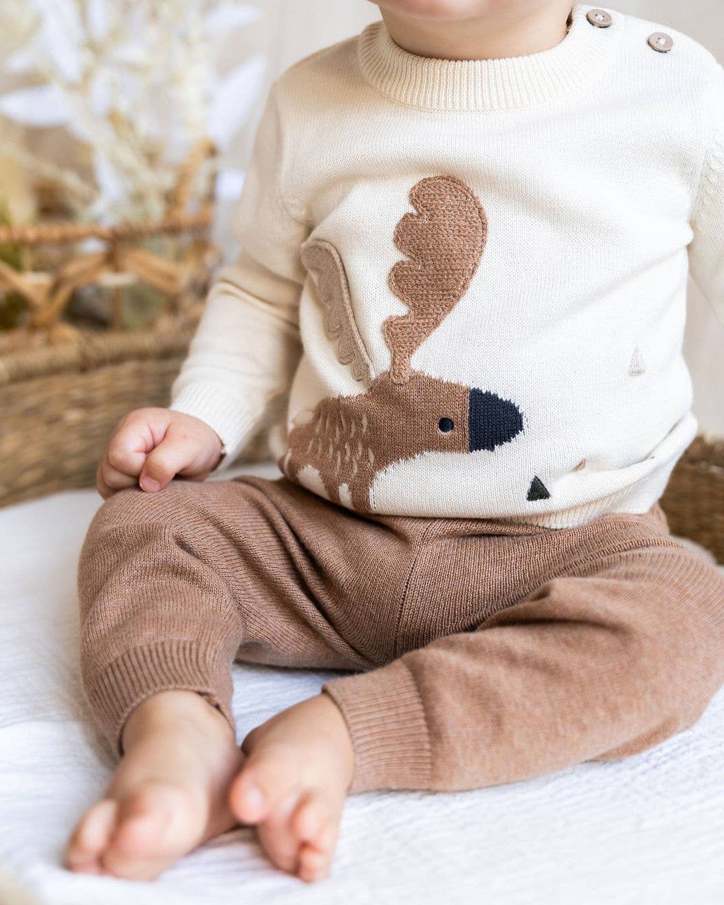 Moose Jacquard Knit Baby Pullover Sweater (Organic Cotton): Natural / 6-12M