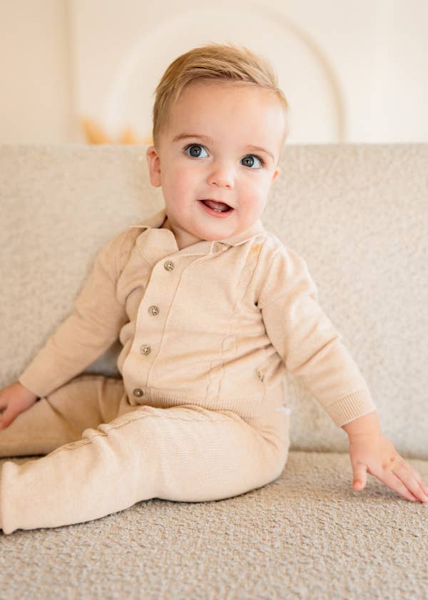 Resort Cable Knit Baby Sweater Cardigan & Pant Set: Oatmeal Heather / 6-12M