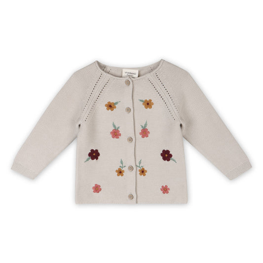 Floral Embroidered Pearl Knit Baby Cardigan Sweater -Organic: Stone / 18-24M