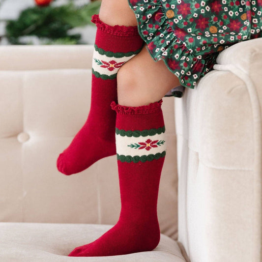 Poinsettia Lace Top Knee High Socks: 1.5-3 YEARS