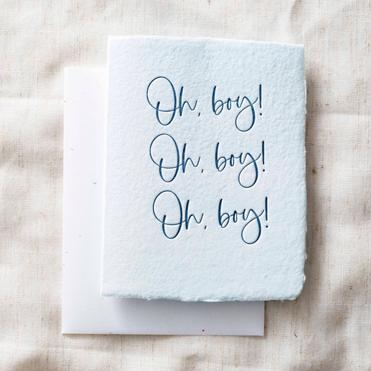 Oh Boy | New Mom, Infant Baby Shower Greeting Card: Flat A2 Greeting Card. Blank on Back.