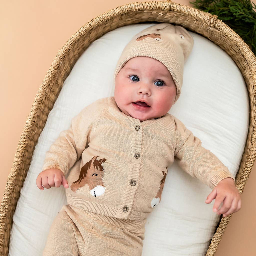 Horse Jacquard Sweater Knit Baby Cardigan (Organic Cotton): Oatmeal Heather / 6-12M