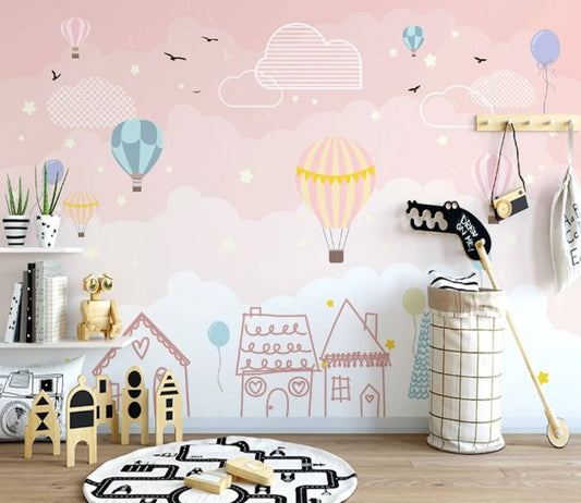 Hot Air Balloons Cloud Bird Star House Pink Background Mural: Vinyl / W:55" x H:35"