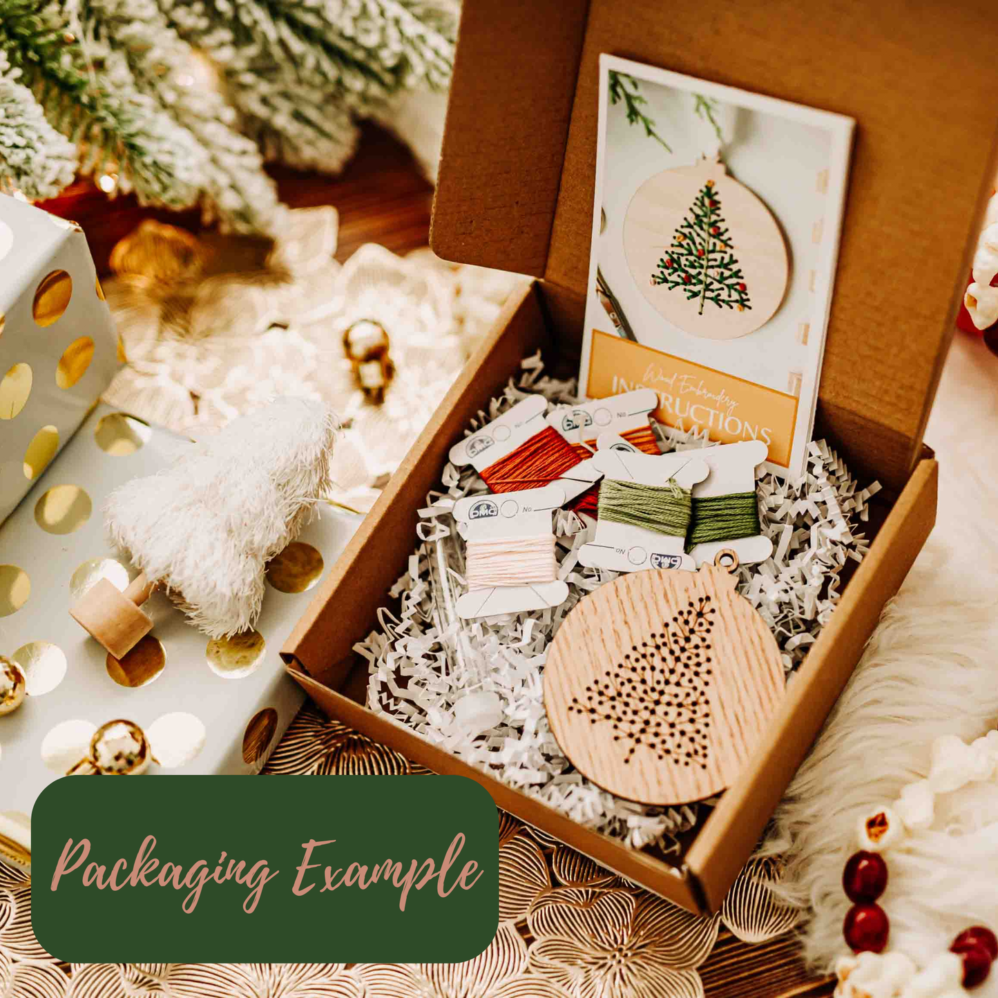 Pinecone Wreath Ornament - DIY Wood Embroidery Kit: Cellophane Bag