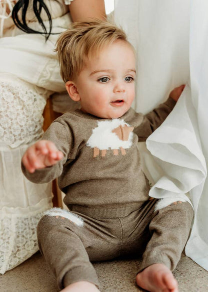 Sheep Jacquard Knit Baby Pullover & Pant SET Organic Cotton: Cocoa Heather / 12-18M