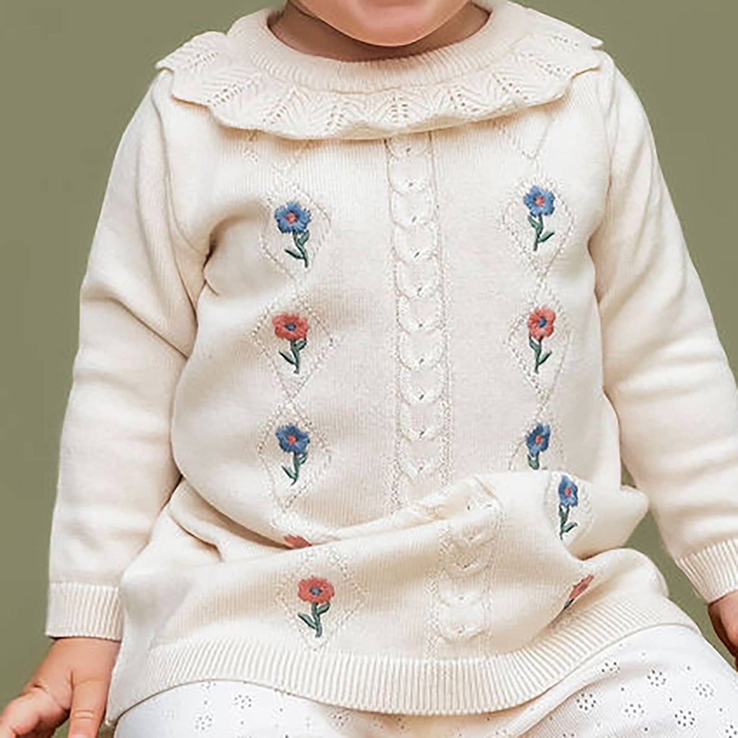 Emma Floral Embroidered Knit Baby Ruffle Dress (Organic): Natural / 12-18M