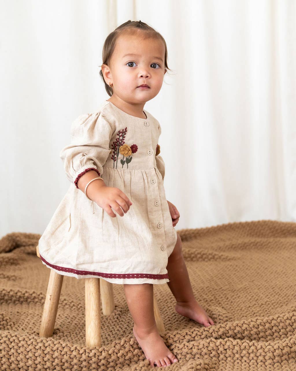 Ravello Embroidered Baby Dress & Bloomer (Linen Blend): Natural / 18-24M