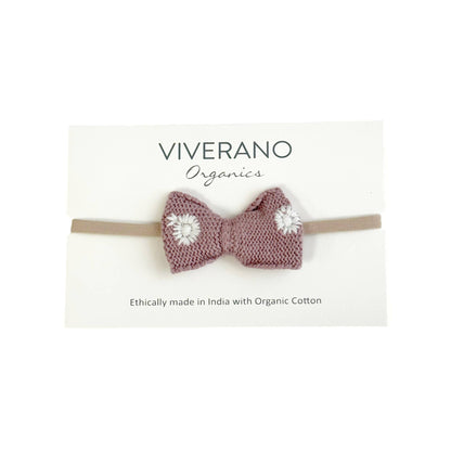 Embroidered Knit Bow Baby Headband (Organic Cotton): Vintage Rose