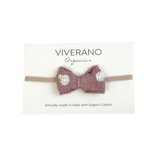 Embroidered Knit Bow Baby Headband (Organic Cotton): Vintage Rose