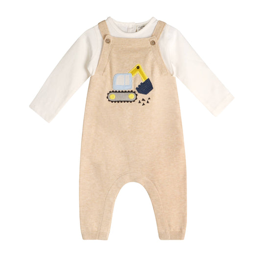 Excavator Truck Embroidered Baby Overall Set -Organic Cotton: Oat Heather / 3-6M
