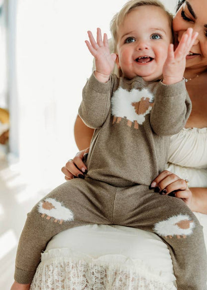 Sheep Jacquard Knit Baby Pullover & Pant SET Organic Cotton: Cocoa Heather / 12-18M
