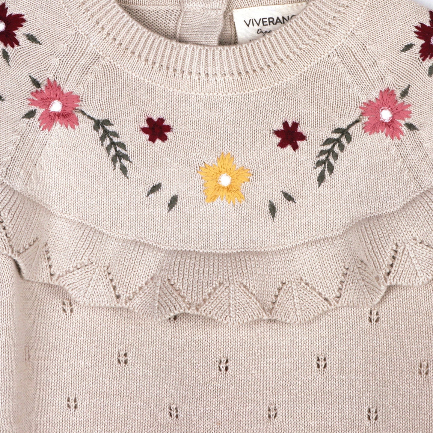 Florence Floral Embroidered Organic Pointelle Baby Jumpsuit: Stone / 12-18M