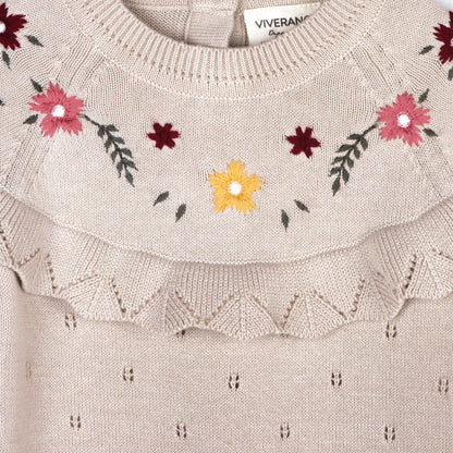 Florence Floral Embroidered Organic Pointelle Baby Jumpsuit: Stone / 12-18M