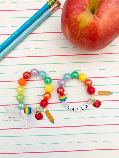 Back to School Pencil and Apple Kids Beaded Charm Bracelet