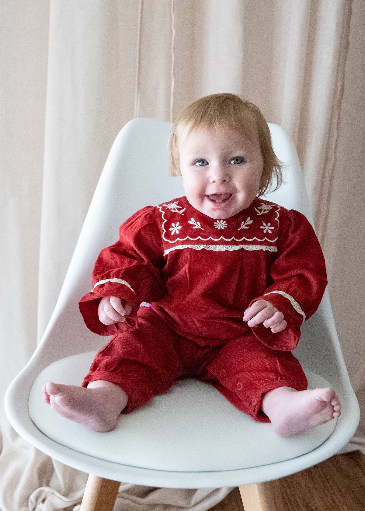 Embroidered Corduroy Festive Baby Jumpsuit (Organic): Pinot Red / 6-12M