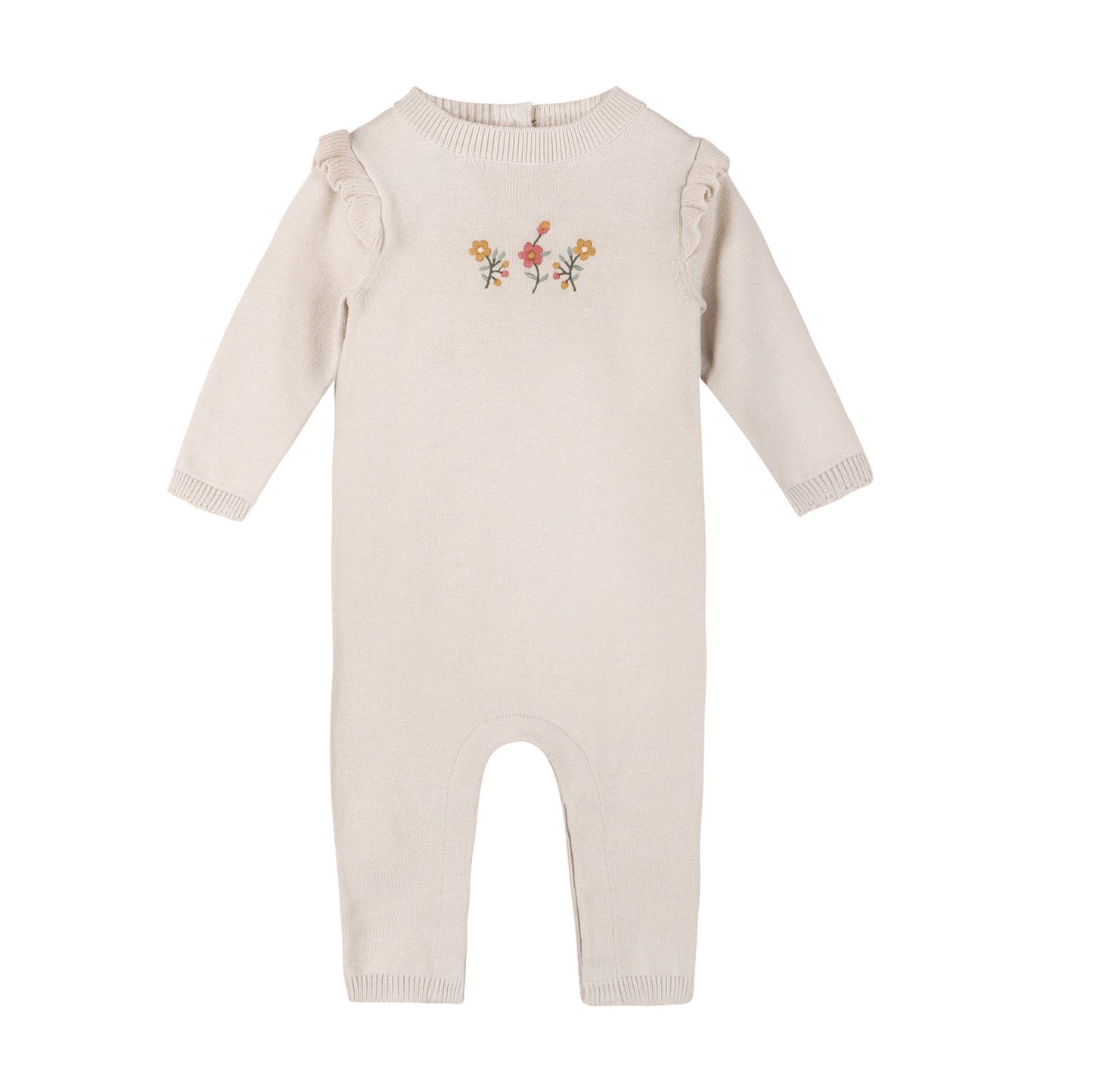 Floral Embroidered Ruffle Baby Sweater Jumpsuit (Organic): Stone / 12-18
