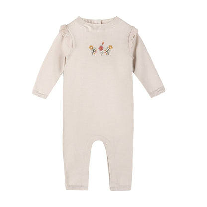Floral Embroidered Ruffle Baby Sweater Jumpsuit (Organic): Stone
