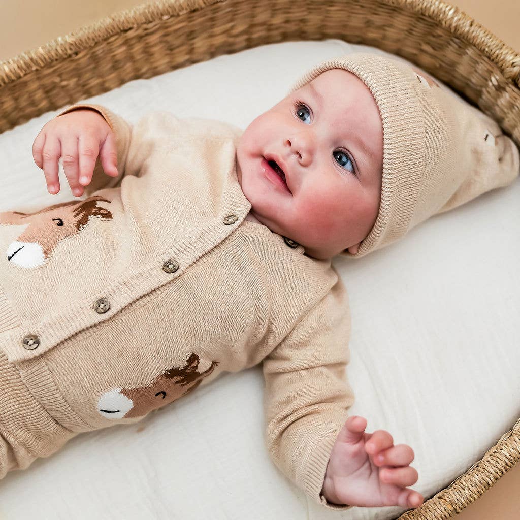 Horse Jacquard Sweater Knit Baby Cardigan (Organic Cotton): Oatmeal Heather / 12-18M