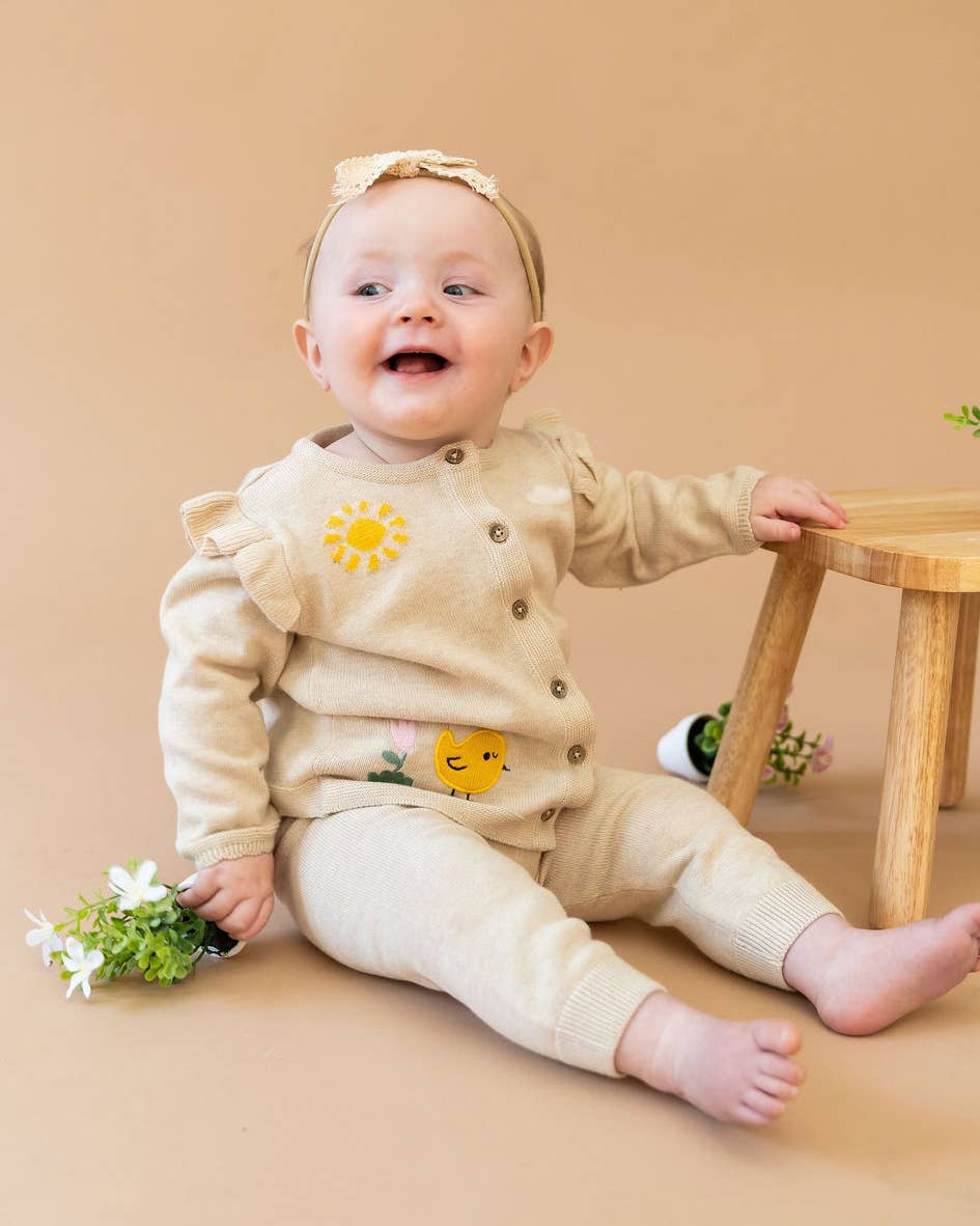 Chicken Little Embroidered Sweater Baby Cardigan (Organic): Oat Heather / 18-24M