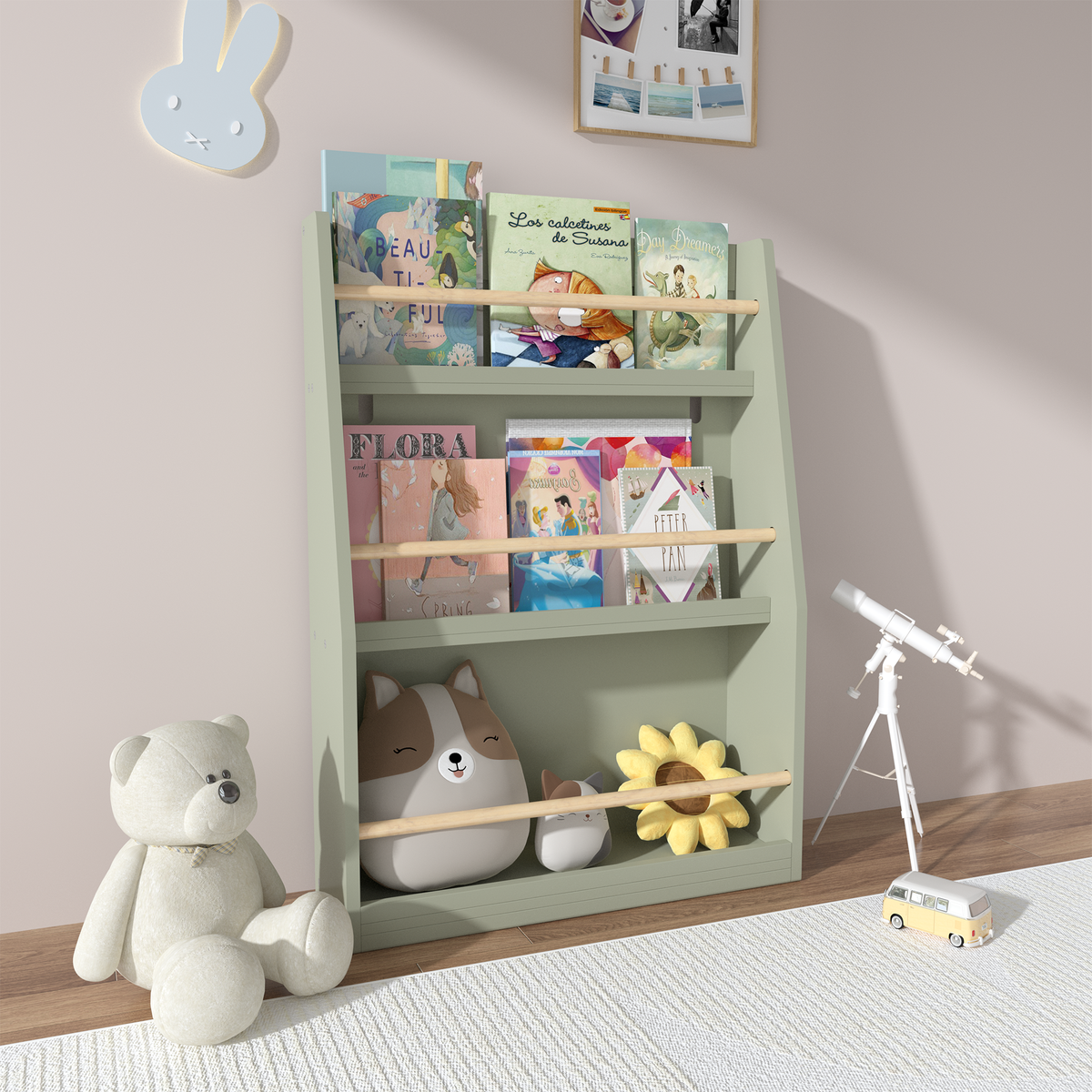Kids Sloth Bookshelf, Book Rack, Table Chair Set, Sage Green