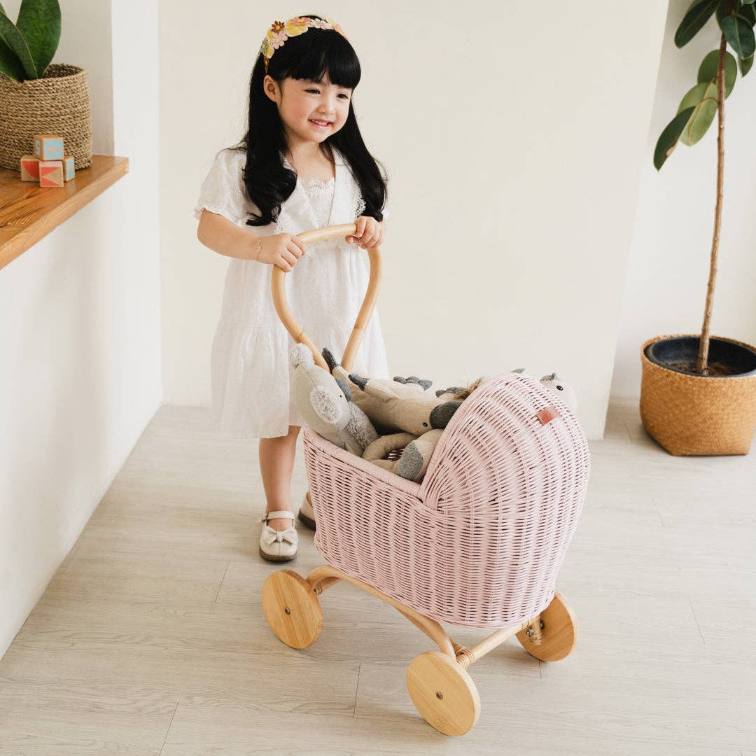 Handcrafted - Colette Doll Stroller (Pink) - Rattan Wicker